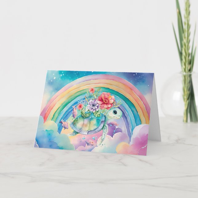 Tarjeta de tortuga marina floral Pastel Rainbow Wa (Anverso)