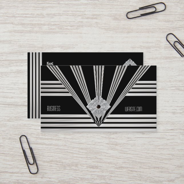 Tarjeta de trabajo Art Deco Black Stripe Silver Je (Anverso/Reverso In Situ)
