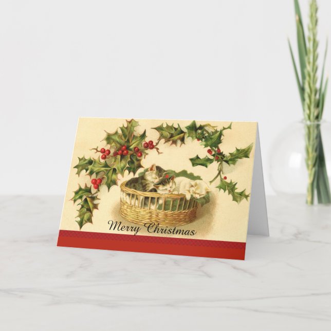 Tarjeta de tres gatitos en una canasta de Navidade (Anverso)