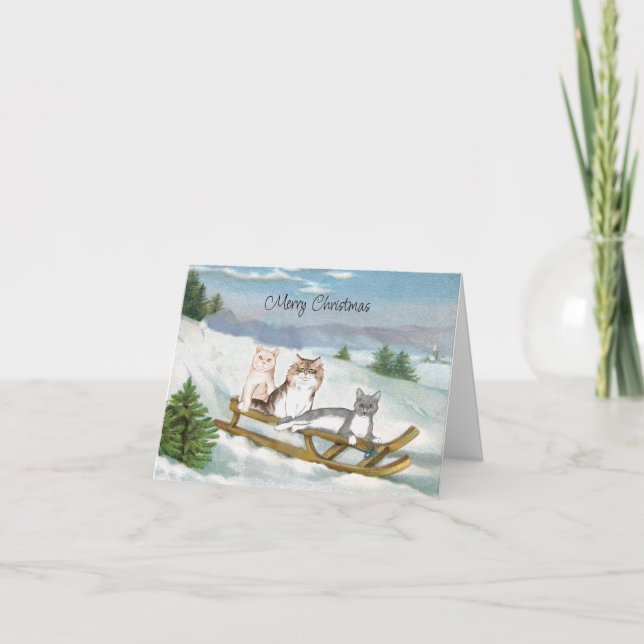 Tarjeta de tres gatos en una escena de invierno es (Anverso)