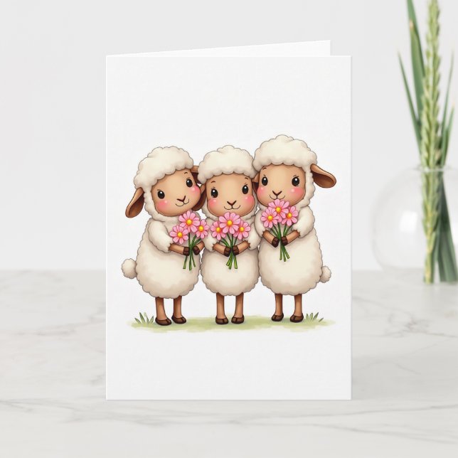 Tarjeta de tres ovejas con flores (Anverso)