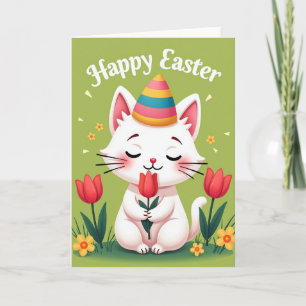 Tarjeta de tulipán de primavera de gato lindo