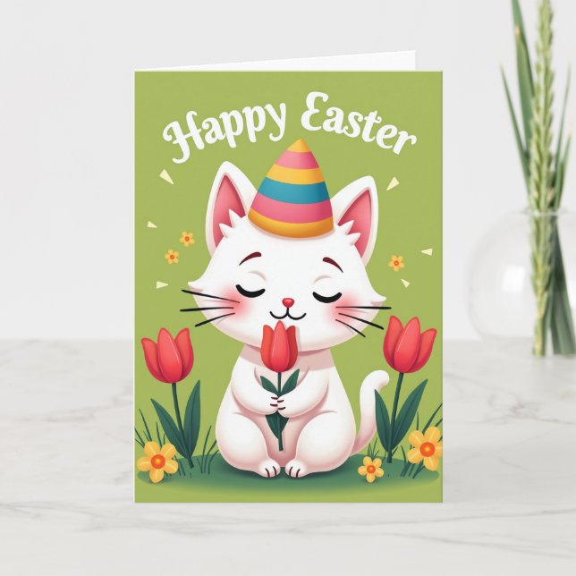 Tarjeta de tulipán de primavera de gato lindo (Anverso)