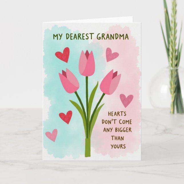 Tarjeta de tulipanes rosados con corazón para la a (Anverso)