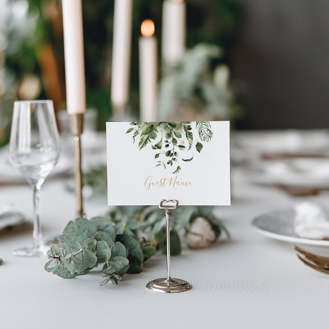 Tarjeta de ubicación de hojas verdes (Green Leaf Wedding Reception Guest Name Place Cards, inspired by the beauty of house plants.)