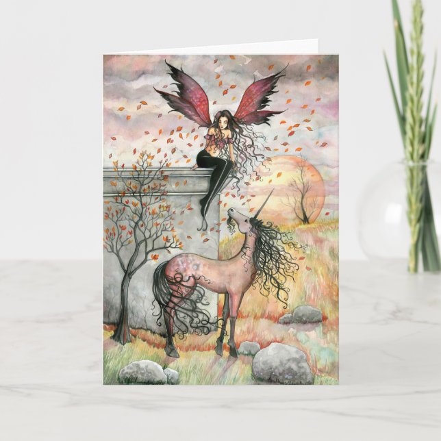 Tarjeta de unicornio de hadas de otoño encantada (Anverso)
