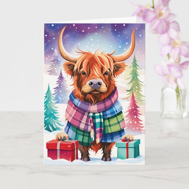 Tarjeta de vaca Highland para Navidades coloridos (Orquídea)