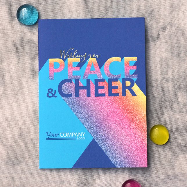 Tarjeta de vacaciones azul, turquesa, arte de pala (Modern Unique Blue, Pink, Turquoise Company Christmas Holiday Card with Business Logo)