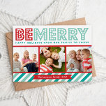 Tarjeta de vacaciones Be Merry Family Collage de f<br><div class="desc">El diseño de la tarjeta fotográfica de vacaciones de Navidades modernos y bonitos presenta un collage de fotos con espacio para 3 fotos de tu familia y una tipografía divertida y colorida que lee Be Merry Happy Holidays from Our Family to Your with a bold preppy striped en el fondo....</div>