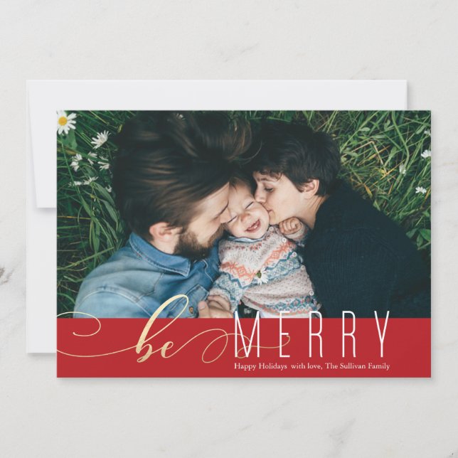 Tarjeta de vacaciones Be Merry Faux Relieve metali (Anverso)