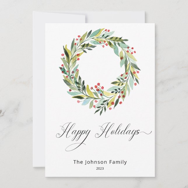 Tarjeta de vacaciones Berries y Greenery Wreath (Anverso)
