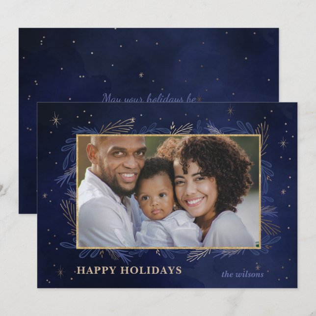 Tarjeta de vacaciones Blue Gold Botankle Photo (Anverso / Reverso)