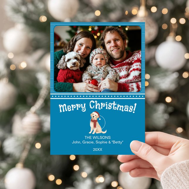 Tarjeta de vacaciones Blue Merry Christmas Dog Fam (Blue Merry Christmas holiday card with family photo and golden retriever illustration in Santa hat.)
