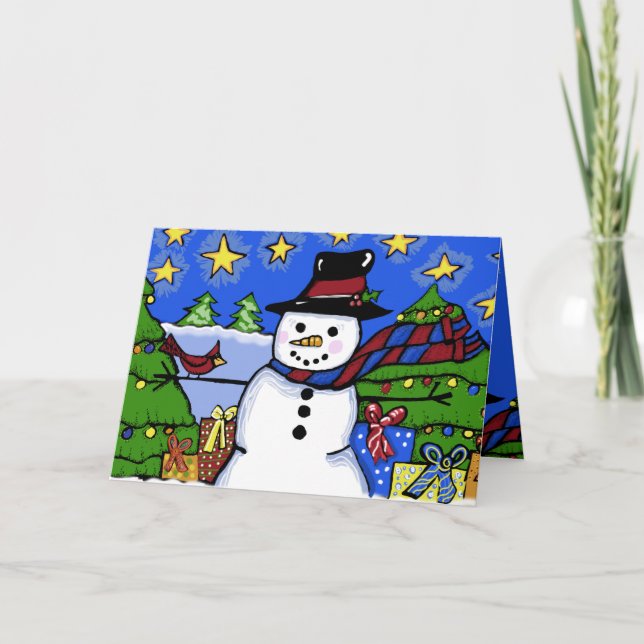 Tarjeta de vacaciones Cardinal and Snowman Garden (Anverso)