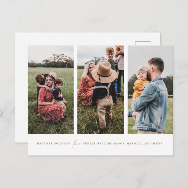 Tarjeta de vacaciones con 3 fotos verticales minim (Anverso / Reverso)