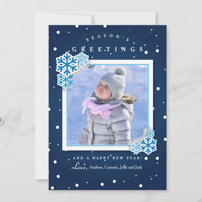 Tarjeta de vacaciones con foto de copos de nieve (Anverso)