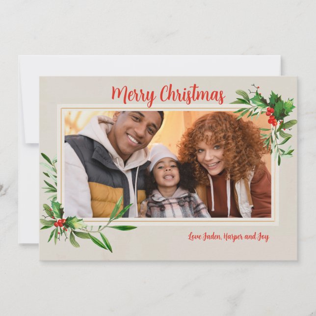 Tarjeta de vacaciones con foto de marco de acebo (Anverso)