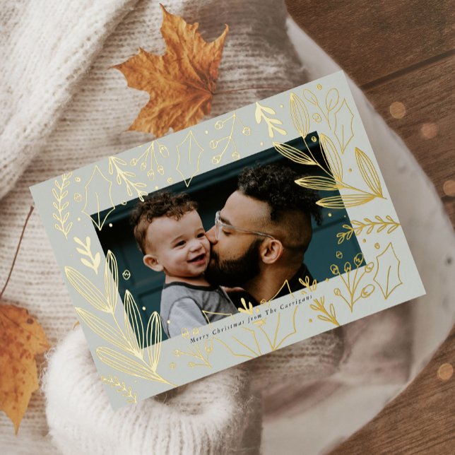 Tarjeta de vacaciones con hoja de oro y foto de fo (Guilded Foiliage Photo Gold Foil Holiday Card)