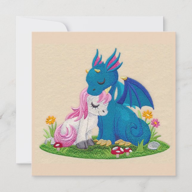 Tarjeta de vacaciones Cute Dragon y Unicorn en Amo (Anverso)