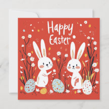 Tarjeta de vacaciones Cute Red Easter con dos cons