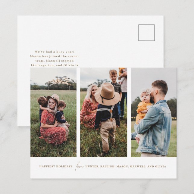 Tarjeta de vacaciones de 3 fotos verticales Minima (Anverso / Reverso)