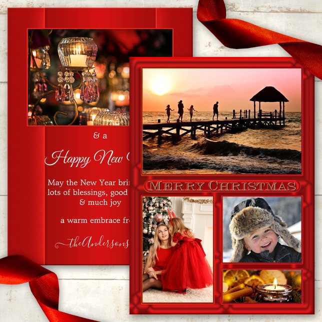 Tarjeta de vacaciones de 5 fotos de Navidades rojo (A Christmas Holidays card featuring 5 of your own custom photos framed by an elegant red design)