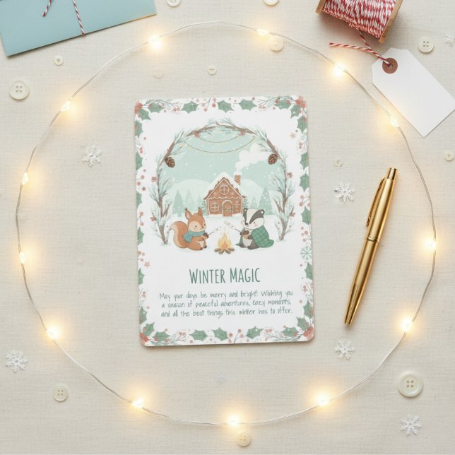 Tarjeta de vacaciones de animales del bosque con m (Winter Magic Woodland Animals Holiday Card)