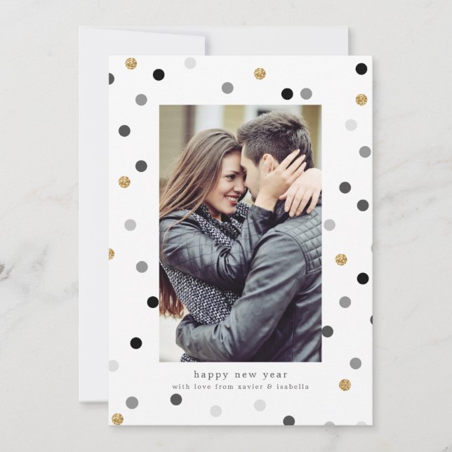 Tarjeta de vacaciones de Año Nuevo Confetti Dots (Anverso)