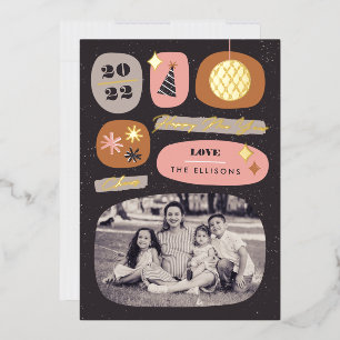 Tarjeta de vacaciones de Año Nuevo de iconos festi