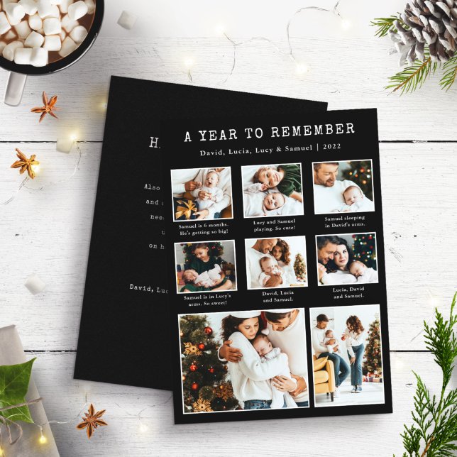 Tarjeta de vacaciones de Año Nuevo Negro (Black and White Holiday Year In Review Newsletter Photo Collage Card by Painted Paperie)