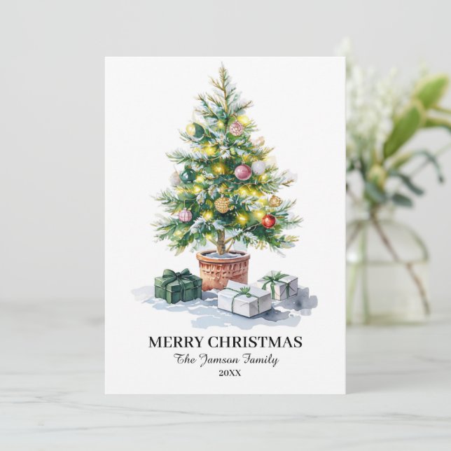 Tarjeta de vacaciones de árbol de navidad acuarela (Anverso de pie)
