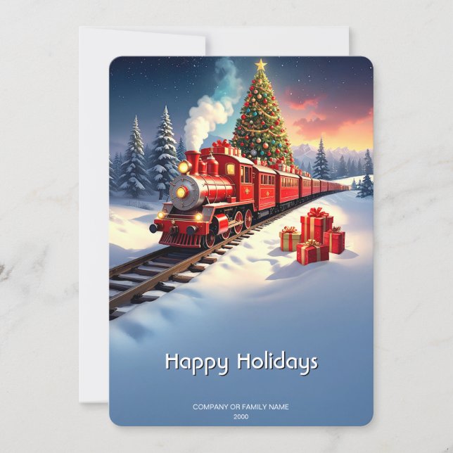Tarjeta de vacaciones de árbol de Navidad de tren  (Anverso)