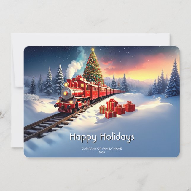 Tarjeta de vacaciones de árbol de Navidad de tren  (Anverso)