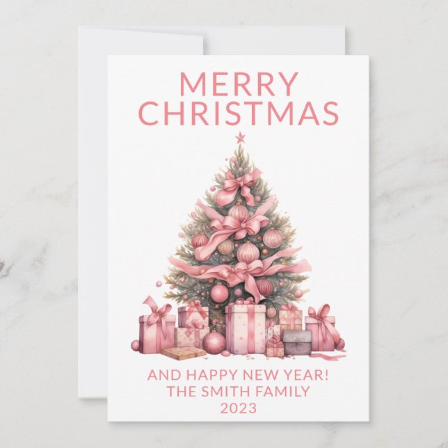 Tarjeta de vacaciones de árbol de Navidad rosa (Anverso)