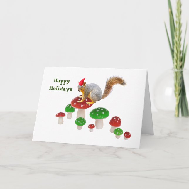Tarjeta de vacaciones de ardilla con hongos rojos  (Anverso)