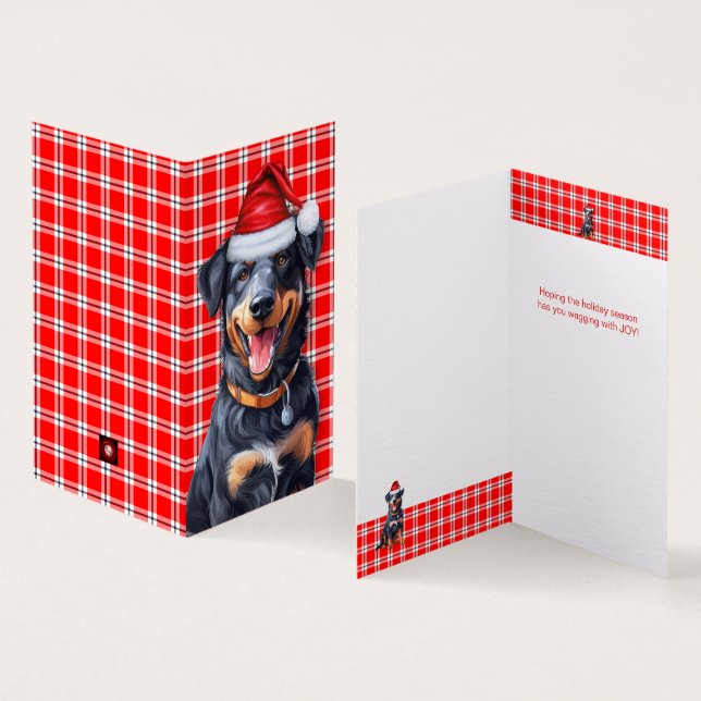 Tarjeta de vacaciones de Beauceron Dog Red Plaid (Interior y exterior)
