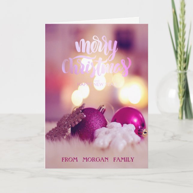 Tarjeta de vacaciones de bolas de Navidad rosadas  (Anverso)