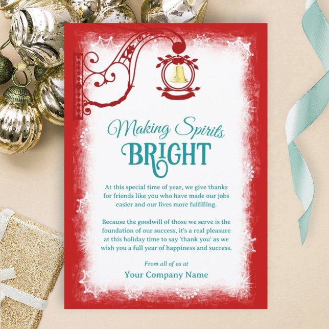 Tarjeta de vacaciones de campana dorada, guión de  (bright red company christmas card, red holiday cards for employees, partners and clients)