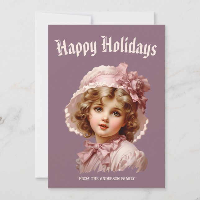 Tarjeta de vacaciones de chica nostálgica de rosa (Anverso)