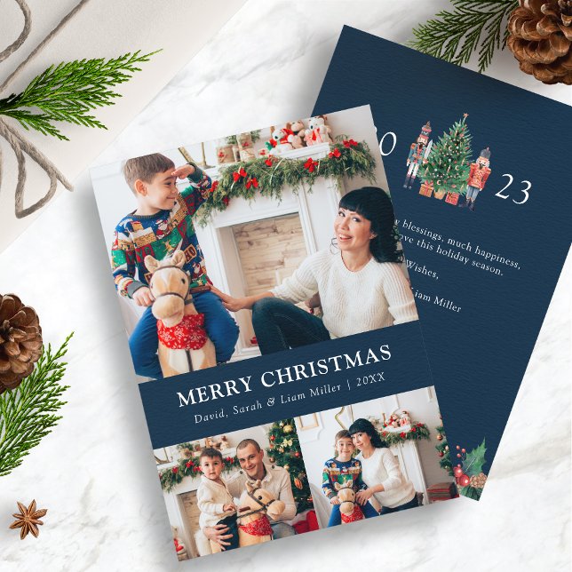 Tarjeta de vacaciones de Collage de fotos azul (2023 Nutcracker Navy Blue Photo Collage Holiday Cards)