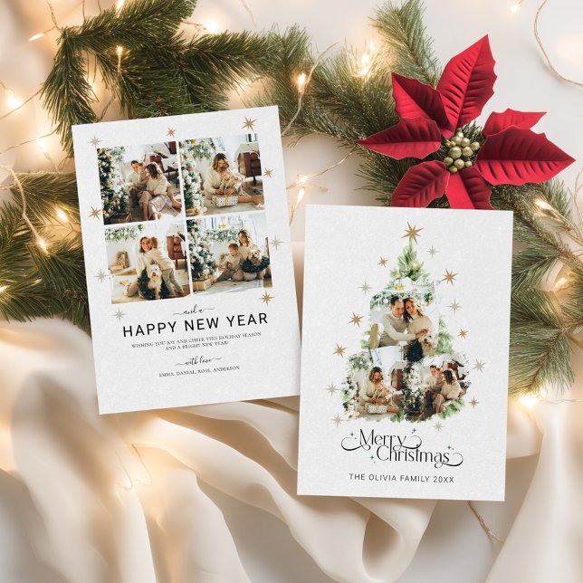 Tarjeta de vacaciones de Collage de fotos de la fa (Christmas Tree Family Photo Collage Holiday Card,)