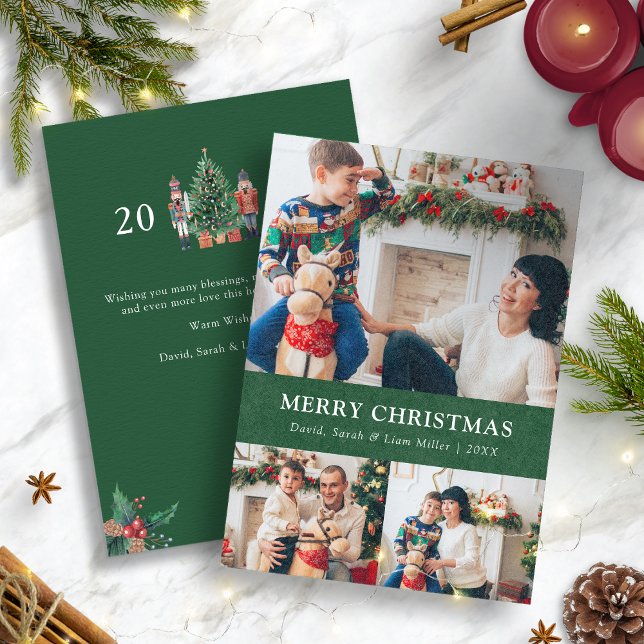Tarjeta de vacaciones de Collage de fotos de Navid (Nutcracker Green Christmas Photo Collage Holiday Card)