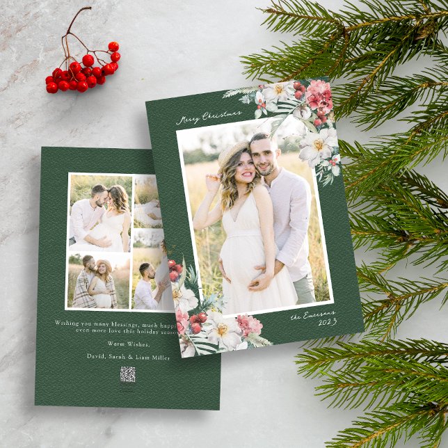 Tarjeta de vacaciones de Collage de fotos de Navid (Green Merry Christmas Photo Collage Holiday Card with Elegant Watercolor Botanical Florals Berries)