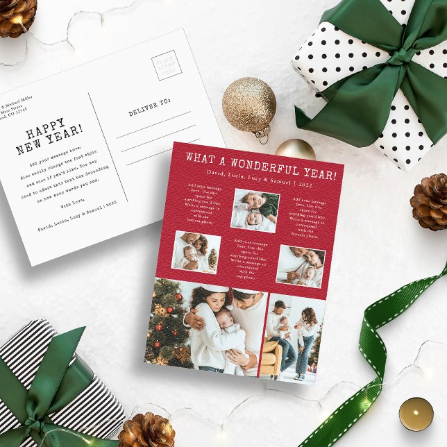 Tarjeta de vacaciones de collage de fotos moderno  (Red and White What a Wonderful Year Photo Collage Christmas Holiday Postcard)