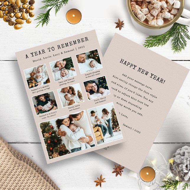 Tarjeta de vacaciones de Collage de fotos moderno (Tan and Black A Year To Remember Photo Collage Christmas Holiday Year In Review Cards)