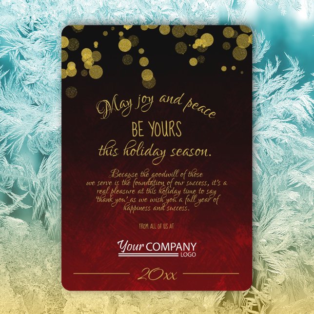 Tarjeta de vacaciones de Compañía Roja y Oro (ruby red gold shimmery lights company holiday christmas card red logo business greeting cards)