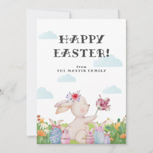 Tarjeta de vacaciones de conejito azul de Pascua c