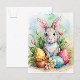 Tarjeta de vacaciones de conejito de Pascua y huev