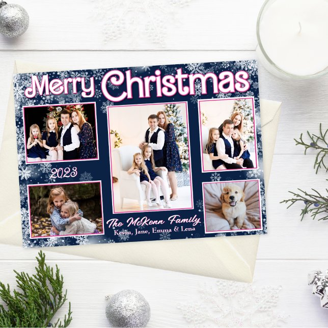 Tarjeta de vacaciones de copos de nieve azul marin (Navy blue, pink accents, white whimsical snowflakes, 5 photos, Christmas card)