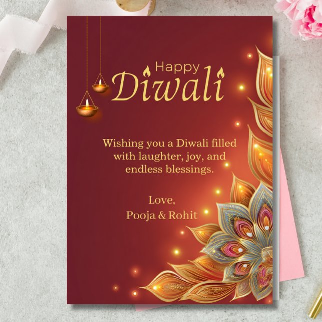 Tarjeta de vacaciones de Diwali Rojo Dorado Lámpar (Subido por el creador)
